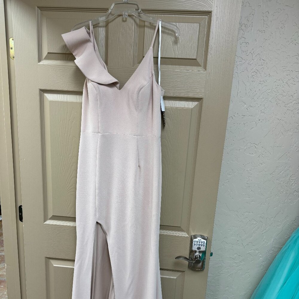 Women's Tan Formal Dress with Ruffle Sleeve